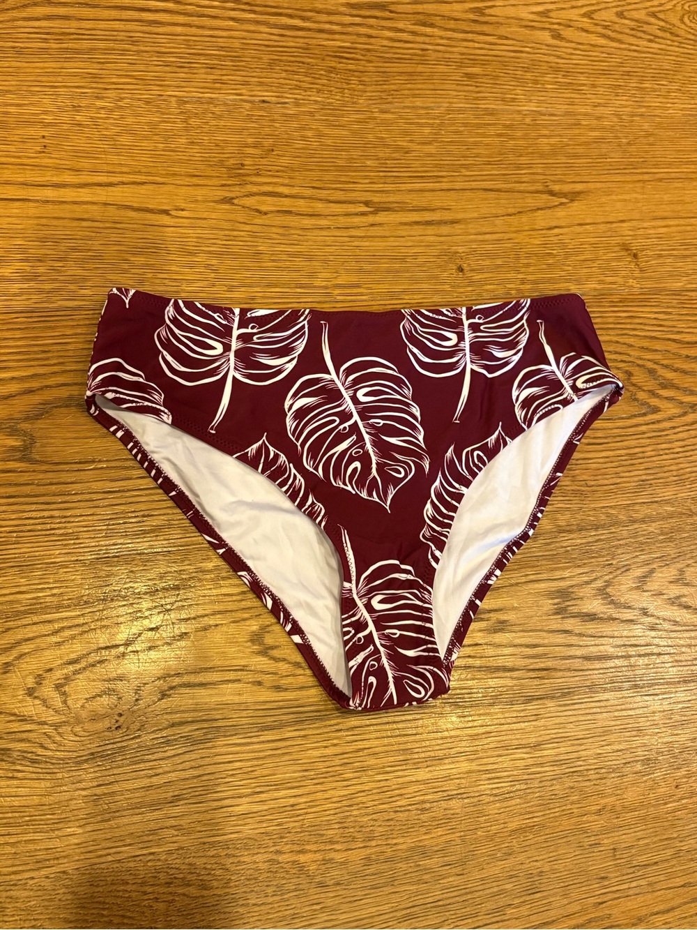 Cupshe High Waist Bikini Bottoms with White Monstera Leaf Print - Burgundy
